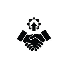 Black silhouette handshake and gear with upward arrow