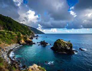 Coastal scene rocky shore, turquoise water, green cliffs under cloudy sky