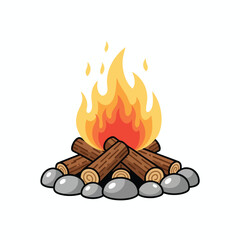 A cartoon campfire with flames, logs, and gray stones on a white background