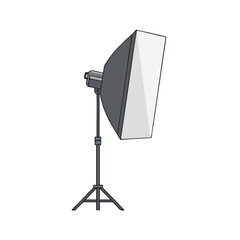 A studio softbox on a tripod, angled, with a light source, against a white background