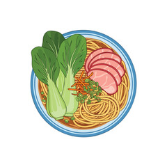 A detailed illustration of ramen in a blue rimmed bowl, overhead view