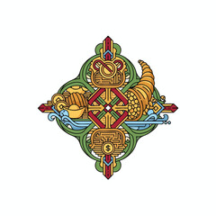 An ornate emblem featuring a cornucopia, gold coins, and stylized water