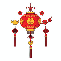 Vector illustration of a red Chinese lantern, gold ingot, blossom branch, and ornaments