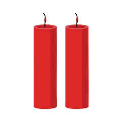 Two tall, red, unlit candles stand upright, each with a single black wick