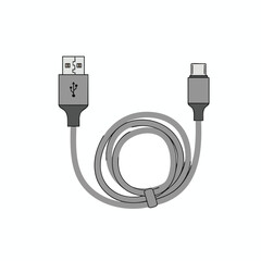 An illustration depicting a USB cable with coiled wire and two different connector ends