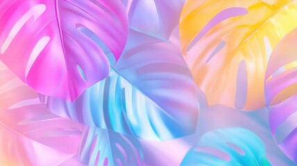 Tropical monstera leaves displaying vibrant gradient colors, creating an abstract summer background promoting a aesthetic retro