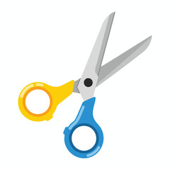 Open scissors, yellow and blue handles, grey blades, on white background