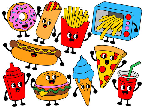 Colorful cartoon concept of anthropomorphic burgers, fries, and drinks with humorous, exaggerated features, expressions, and gestures, suitable for illustration, animation, kids&rsquo; content, posters, and