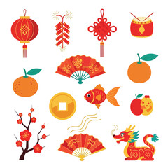 Colorful festive Asian icons, including lantern, dragon, and fans, on white background