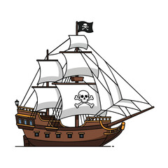 A cartoon pirate ship with white sails, Jolly Roger, and brown wooden hull