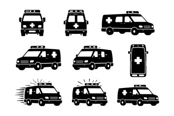 Fototapeta premium Set of ambulance vehicle silhouettes with emergency medical cross symbols