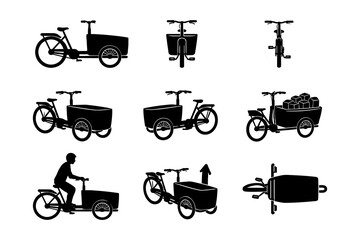 Silhouette cargo bike set: side, front, rear, and loaded views in black and white