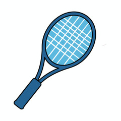 A blue and white tennis racket with a black outline, on a white background