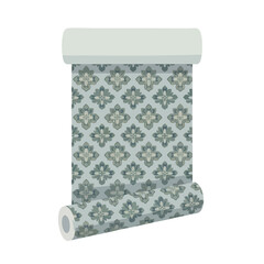 An illustration shows a roll of patterned wallpaper in shades of gray and blue