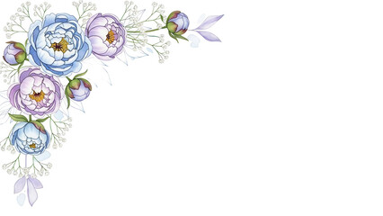 Delicate hand painted watercolor corner border with peonies and baby's breath in pastel blue and lavender isolated on white background.png