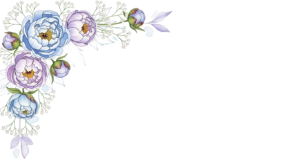 Delicate hand painted watercolor corner border with peonies and baby's breath in pastel blue and lavender isolated on white background.png