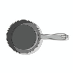 An overhead illustration of a frying pan with a handle, shadow, and rivets