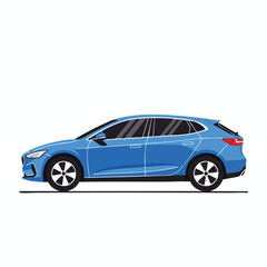 A blue hatchback car side profile, simplistic and isolated against white