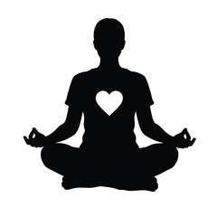 Black silhouette of a person meditating with a heart on their chest