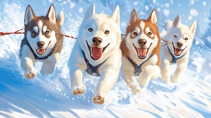 Sled dog team running on snowy trail, showing excitement with open speed, adventure mouths, northern