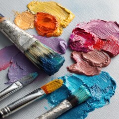 Colorful paint artist brushes and swatches