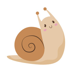 Cute shy cartoon snail sitting. Adorable garden snail with gentle expression. Flat vector illustration for children, isolated on white.
