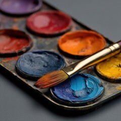 Colorful paint palette and art brush detail