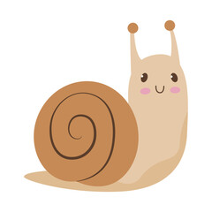 Cute friendly cartoon snail with classic pose, adorable garden snail character, flat vector illustration, isolated on white © Anastasiia