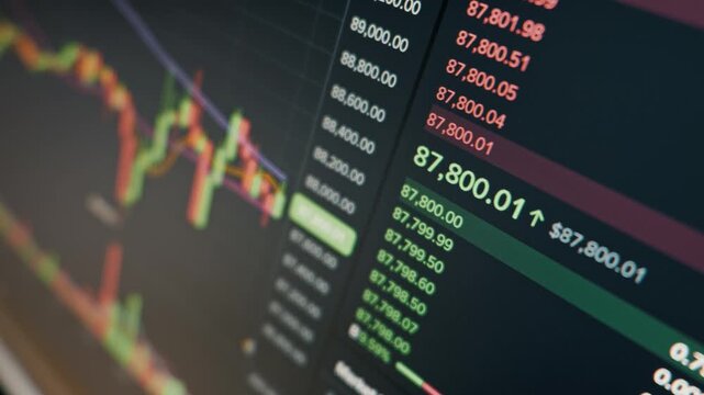 Close-up of a cryptocurrency exchange screen displays a rapidly changing price ticker. Red and green numbers on a dark interface indicate high market volatility.