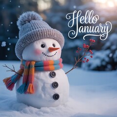 Cheerful Snowman Welcomes 2026 New Year with Colorful Scarf and Berries in Winter Wonderland Scene Ideal for Seasonal Greetings and Holiday Marketing Materials