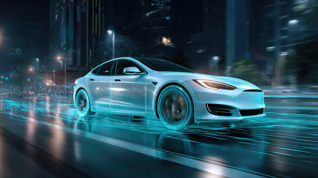 Futuristic electric sedan driving autonomously on rain slicked urban street at night. Advanced safety systems artificial intelligence technology and real time environmental awareness detection.