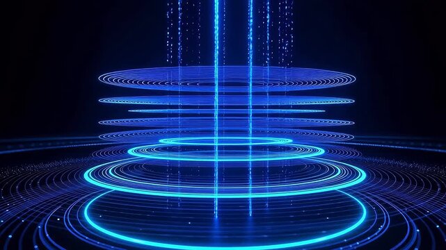 Blue neon circular patterns on dark background
