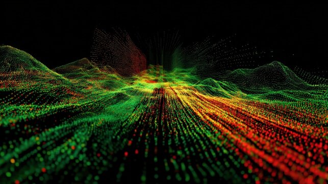 Autonomous vehicle viewpoint consisting of vibrant green and red lidar point cloud matrix perfect for sensor technology environmental mapping and spatial perception scanning concept.