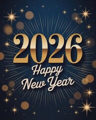Elegant Gold 2026 New Year Greeting Card Design with Sparkling Stars and Bokeh Effects on Dark Blue Background