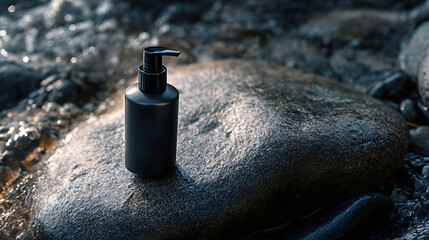 Sleek Black Matte Pump Bottle on Wet Dark Stone Surface with Water Droplets, Premium Men's Skincare Product Photography