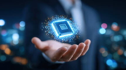 Glowing microchip electronic chip circuit board technology hand businessman hologram futuristic