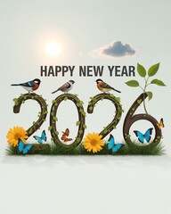 Vibrant 2026 New Year Greeting with Whimsical Birds and Butterflies on Rustic Typography Design