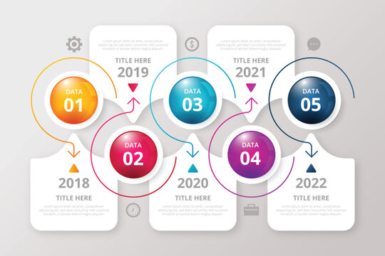Infographic template with five numbered circles and corresponding text boxes in a circular arrangement - Powered by Adobe
