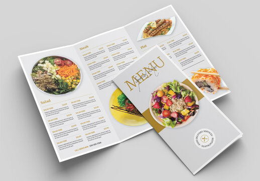 Food Menu Trifold Brochure Layout with Golden Accents