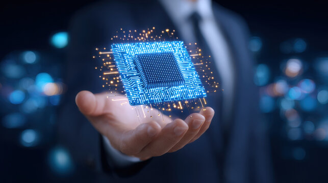 Businessman holding holographic microchip with glowing circuit connections and digital sparks - Powered by Adobe