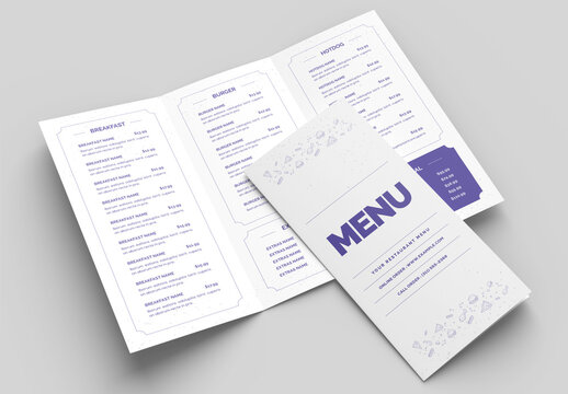 Minimal Food Menu Trifold Brochure Layout with Purple Accents