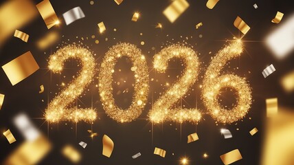 Glittering 2026 New Year Celebration Background with Golden Sparkles and Confetti on Black