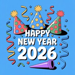 Colorful 2026 New Year Celebration Design with Festive Party Hats and Streamers on Blue Background Ideal for Greeting Cards and Invitations