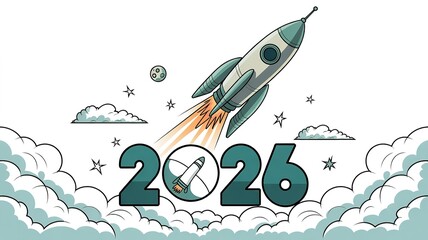 Rocket Launching into 2026 New Year with Space and Stars Themed Design Ideal for Celebrations and Future Visions