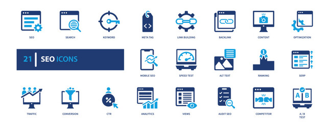 SEO icon set, solid style, vector illustration