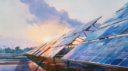 Sunrise over solar panels in watercolor style