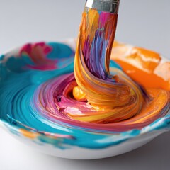 Swirling colorful paint mixed by brush