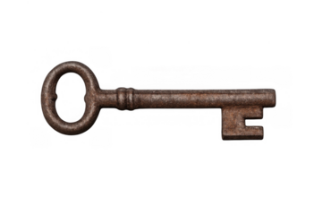 Old rusty antique key with skeleton design unlocking mystery and security, isolated on transparent background
