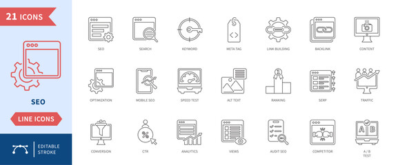SEO icon set, editable line style, vector illustration