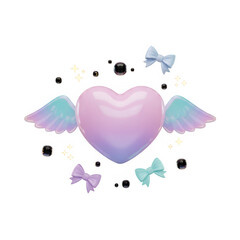 3D Pastel Kawaii Winged Heart with Bows and Stars.